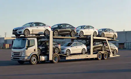 Car transporter loaded with vehicles in Mount Vernon, New York, United States