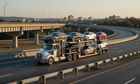 Car transporter with the Mount Vernon, New York, United States skyline behind it