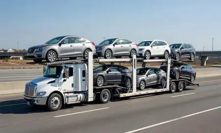 Multi-level car carrier on the highway to New Rochelle, New York, United States