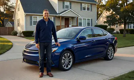 Customer with their delivered car in New Rochelle, New York, United States