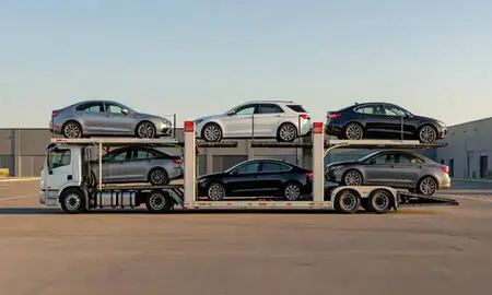 Car transporter parked in an industrial area of New Rochelle, New York, United States