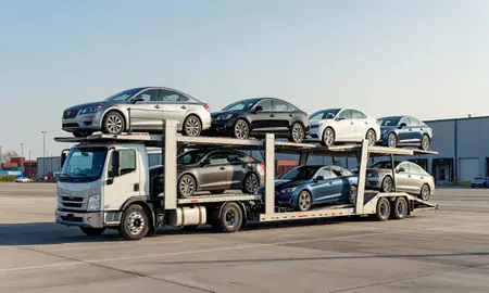 Car transporter loaded with vehicles in New Rochelle, New York, United States