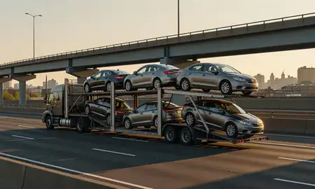 Car transporter with the New Rochelle, New York, United States skyline behind it