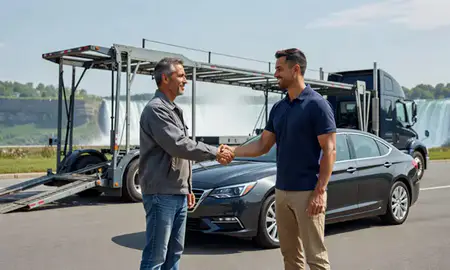 Vehicle owner beside their delivered car in Niagara Falls, New York, United States