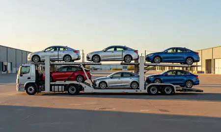 Car transporter parked in an industrial area of Niagara Falls, New York, United States