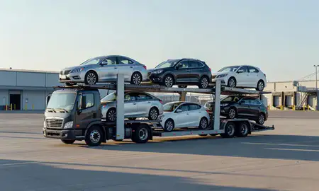 Car transporter loaded with vehicles in Niagara Falls, New York, United States