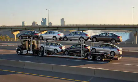 Car transporter with the Niagara Falls, New York, United States skyline behind it
