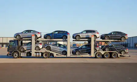 Car transporter parked in an industrial area of Poughkeepsie, New York, United States