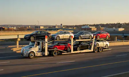 Car transporter with the Poughkeepsie, New York, United States skyline behind it