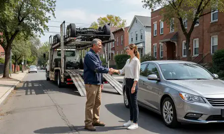 Vehicle owner beside their delivered car in Queens, New York, United States