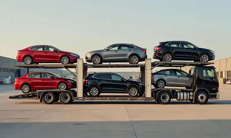 Car transporter parked in an industrial area of Queens, New York, United States