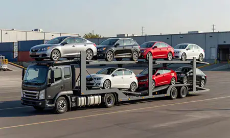 Car transporter loaded with vehicles in Queens, New York, United States