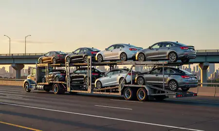 Car transporter with the Queens, New York, United States skyline behind it