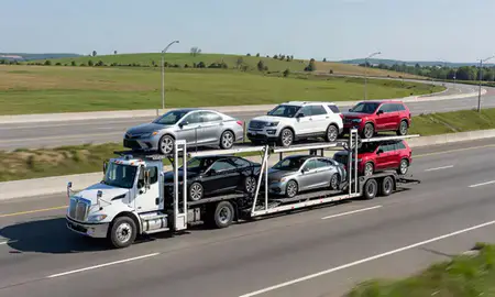 Multi-level car carrier on the highway to Rochester, New York, United States