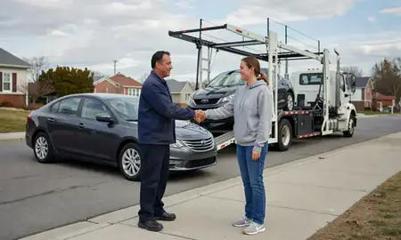 Vehicle owner beside their delivered car in Rochester, New York, United States