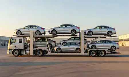 Car transporter parked in an industrial area of Rochester, New York, United States