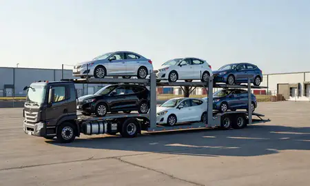 Car transporter loaded with vehicles in Rochester, New York, United States
