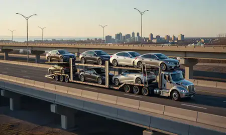 Car transporter with the Rochester, New York, United States skyline behind it