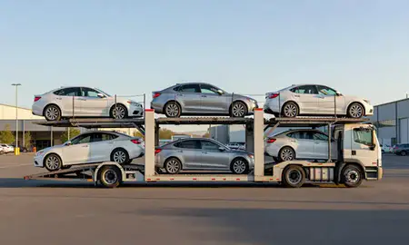 Car transporter parked in an industrial area of Saratoga Springs, New York, United States