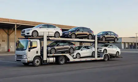 Car transporter loaded with vehicles in Saratoga Springs, New York, United States