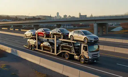 Car transporter with the Saratoga Springs, New York, United States skyline behind it