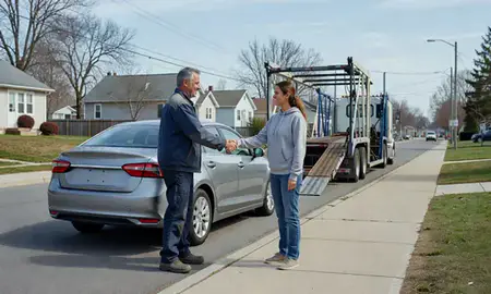 Vehicle owner beside their delivered car in Schenectady, New York, United States