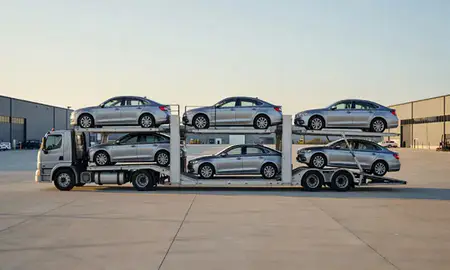 Car transporter parked in an industrial area of Schenectady, New York, United States