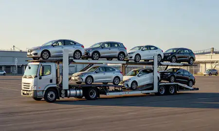 Car transporter loaded with vehicles in Schenectady, New York, United States
