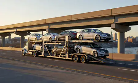 Car transporter with the Schenectady, New York, United States skyline behind it