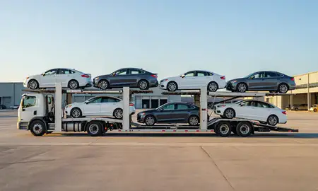 Car transporter parked in an industrial area of Staten Island, New York, United States