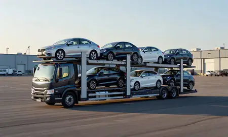 Car transporter loaded with vehicles in Staten Island, New York, United States