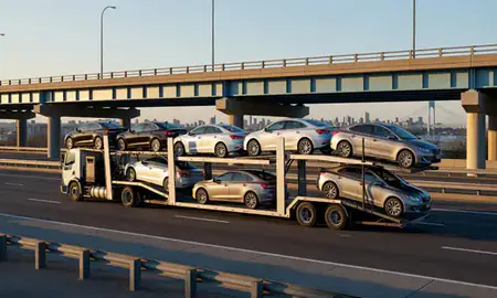 Car transporter with the Staten Island, New York, United States skyline behind it
