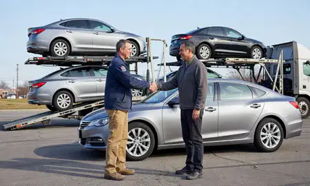 Vehicle owner beside their delivered car in Syracuse, New York, United States