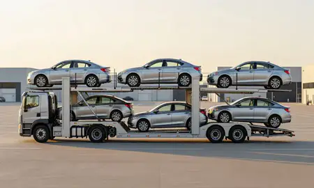 Car transporter parked in an industrial area of Syracuse, New York, United States