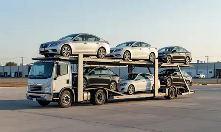 Car transporter loaded with vehicles in Syracuse, New York, United States