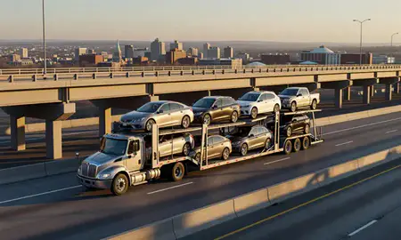 Car transporter with the Syracuse, New York, United States skyline behind it