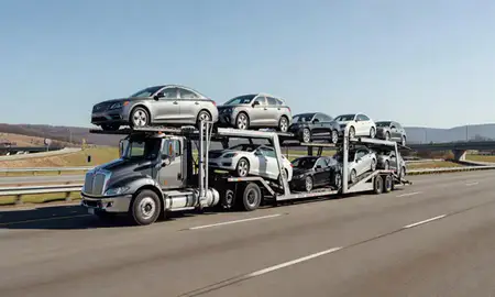 Multi-level car carrier on the highway to Troy, New York, United States