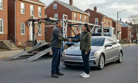 Vehicle owner beside their delivered car in Troy, New York, United States
