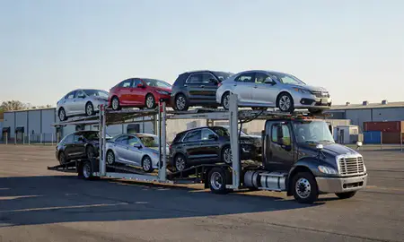 Car transporter loaded with vehicles in Troy, New York, United States