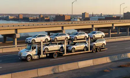 Car transporter with the Troy, New York, United States skyline behind it