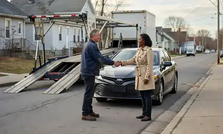 Vehicle owner beside their delivered car in Utica, New York, United States