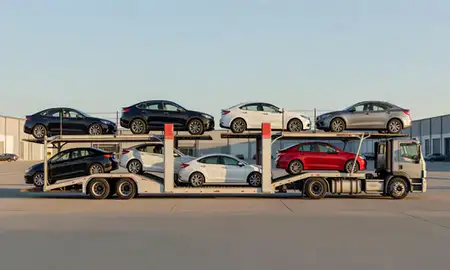 Car transporter parked in an industrial area of Utica, New York, United States