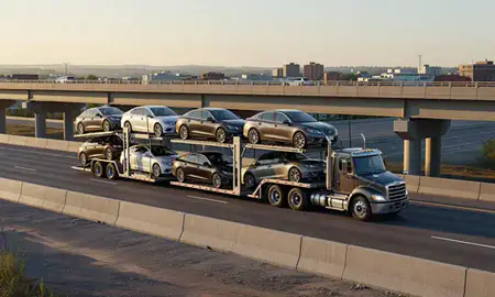 Car transporter with the Utica, New York, United States skyline behind it