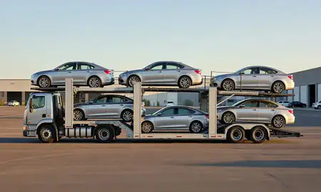 Car transporter parked in an industrial area of Valley Stream, New York, United States