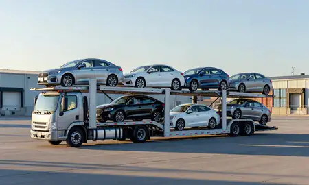 Car transporter loaded with vehicles in Valley Stream, New York, United States