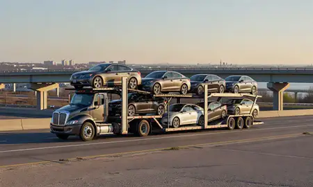 Car transporter with the Valley Stream, New York, United States skyline behind it