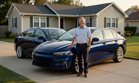 Customer with their delivered car in West Babylon, New York, United States
