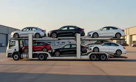 Car transporter parked in an industrial area of West Babylon, New York, United States