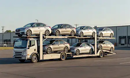 Car transporter loaded with vehicles in West Babylon, New York, United States