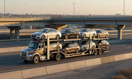 Car transporter with the West Babylon, New York, United States skyline behind it